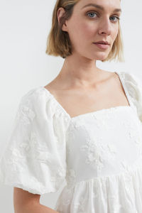 White Women's A-Line <b>Mini</b> Dress with <b>Bubble</b> Sleeves Shirring at Back & Side Zip-Floral Embroidery Embrace the Warm Weather - Product Image 4