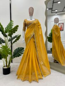 Saree ออกแบบที่สวยงามด้วยด้ายและลำดับการทำงานและเสื้อ - Product Image 5