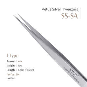 Pince à épiler Vetus SS-SA (forme en I) en acier inoxydable argenté, pointe de précision en fibre pour cils, modèle Fiber Tips - Product Image 2