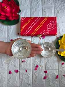 ชุดชามทองเหลืองชุบเงินทำด้วยมือเยอรมันถาดช้อนกล่องแบนดานิบรรจุภัณฑ์ของขวัญสำหรับงานแต่งงานงานดิวาลีจบการศึกษา - Product Image 2