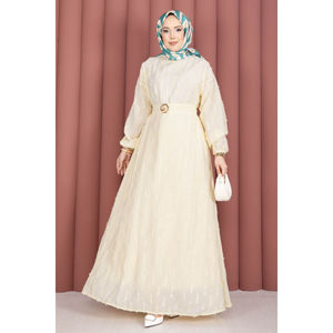 Vestido Modesto Bordado con Cinturón de Hebilla Dorada Amarillo Tallas XS-6XL Opciones de Largo hasta el Suelo y hasta la Rodilla con Cremalleras y Volantes para el Día - Product Image 3