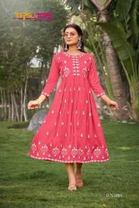 Vente en gros exclusif Lakhnavi rayonne flammé fil de coton broderie Kurti Collection tenue de soirée décontractée inspirée pakistanaise indienne - Product Image 4