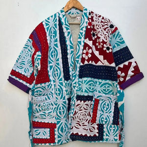 Handmade Winter Quaint <b>Kimono</b> Style XL Kantha <b>Jacket</b> Varsity Hooded Coat Cut Work Embroidery Patchwork Quilted Design Letter - Product Image 1