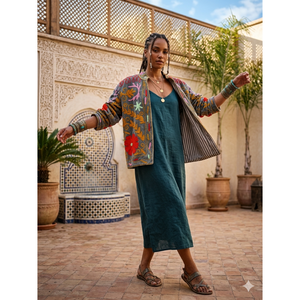 Veste Suzani artisanale réversible en velours gris ardoise, brodée à la main, avec broderie florale en tissu satiné, style Jaipur, pour l'été - Product Image 2