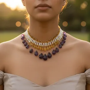Collier Bohème Vintage pour Femme avec Pierres Précieuses et Perles – Perles Violettes et Jaunes, Grenat, Agate, Turquoise, Perle, Jade – Plaqué Or – Idéal Cadeau - Product Image 1