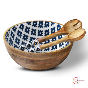 Cuenco de comida de madera de forma redonda pintada con esmalte estándar con cuchara y tenedor, cuencos de comida de mesa para hoteles y restaurantes de India - Product Image 6