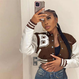 Custom Printed Red Leather <b>Sleeve</b> Women's Varsity Baseball Denim <b>Jackets</b> <b>Short</b> Fashion <b>Jackets</b> for Women - Product Image 3