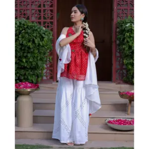 ชุดเซียน่าเรดบันดานี คุรตะ ชารารา ผ้าจอร์เจตต์เนื้อหนา สไตล์ปากีสถาน บอลลีวูด ชุดพื้นเมืองสำหรับงานเทศกาล ซาลวาร์ คามีซ - Product Image 5