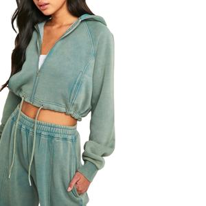 Conjunto de chándales lavados con ácido para mujer, jersey de cuello redondo de lana personalizado, sudadera de Fitness con pantalones para correr, chándal para mujer 2026 - Product Image 2