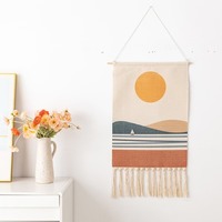 Tapiz de Pared de Macramé Hecho a Mano con Tela de Algodón y Varilla de Madera, Patrón Geométrico Simple, Tejido Moderno Personalizado para Decoración del Hogar