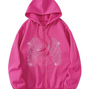 La mejor ropa de moda para mujer, diseña tu propio logotipo, sudadera con cremallera de diamantes de imitación para mujer, Sudadera con capucha de poliéster y algodón con cremallera de diamantes de imitación - Product Image 1
