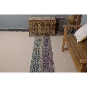 Alfombra Turca Vintage de 1.5x9.4 pies, Alfombra Azul a Rayas de Lana - Product Image 4