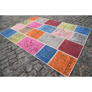 Alfombra Turca Vintage de 5.3x7.5 pies (161x229 cm), Alfombra de Lana Azul con Diseño de Patchwork - Product Image 3