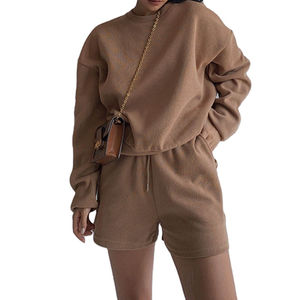 High Quality Spring Sweatshirt and Shorts <b>Sets</b> 100% Cotton <b>Knitted</b> Plus Size Sweatsuit for Womens OEM Service - Product Image 1