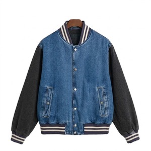 Men's Denim Varsity <b>Jacket</b> Casual Turn-down Collar Regular Fit Autumn Blue with Black Sleeves Button Closure - Product Image 1