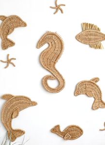 Ensemble de décorations murales en bambou faites à la main sur le thème des animaux marins, décoration intérieure naturelle de style nautique - Product Image 3