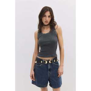 Blusa Casual de Cuello Redondo con Manga Casquillo, Detalles de Ojales y Logotipo Frontal, Estilo Lavado - Product Image 1