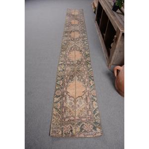 Rug, 1.7x12.6 ft Turkish Rug, <b>Brown</b> Floral Rug <b>Wool</b> - Product Image 1