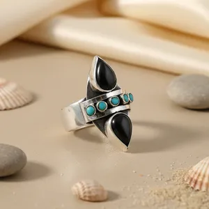 Bague Bohème pour Femme en Laiton Plaqué Bronze Antique avec Pierre Poire Turquoise, Design Géométrique, Bijou Cadeau pour Usage Quotidien - Product Image 2