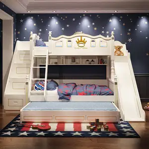 Luxury white princess castle bed Bedroom furniture boys and girls kid Bunk bed with slide and drawers