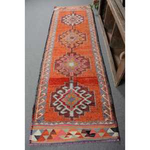 Alfombra turca Vintage clásica naranja rojo 3.1x9.7ft área grande lana látex respaldo Patchwork patrón para adolescentes pasillo habitación alfombra - Product Image 1