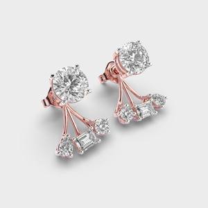 Lab Grown Diamond Designer Stud <b>Earrings</b> Round with Baguette Accents In 9K White / Rose / Yellow Gold - Product Image 3