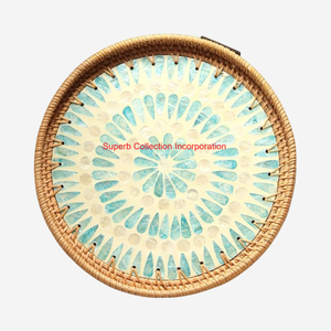 Plateau de canne en rotin de qualité supérieure avec mosaïque bleue incrustation de nacre plateau de service décoratif rond pour la décoration intérieure et les cadeaux - Product Image 1