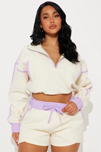 Quantité minimale de commande femmes vêtements de sport décontractés ensemble col roulé avec demi-fermeture éclair sweat Shorts automne Patchwork survêtement au-dessus du genou longueur - Product Image 6