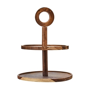 Support à cupcakes moderne à 2 niveaux en bois avec poignée circulaire, plateau de service à étages en bois d'acacia pour la décoration de table de dessert de mariage - Product Image 1