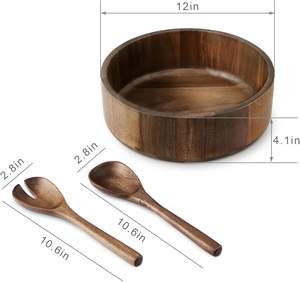 Grand bol à fruits en bois d'acacia naturel de 12 pouces Saladier jetable écologique avec serveurs Cadeau de vacances - Product Image 2