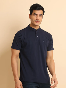 T-shirt élégant à manches mi-longues pour hommes avec col mandarin, tenue décontractée confortable pour les tenues de tous les jours et le bureau 100% coton - Product Image 5