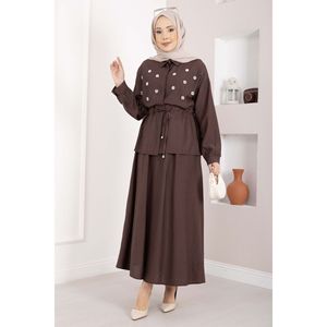 Conjunto de Falda y Top con Cintura Túnel Adornada con Piedras Color Café para Mujer, Estilo Casual de Club, Dos Piezas - Product Image 4