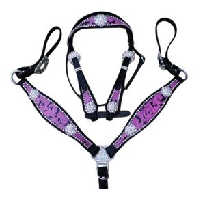 Marrón con acentos morados Juego de cuello de pecho de brida con Crystal Conchos Western Leather Trail Tack Hand Toldo - Product Image 1