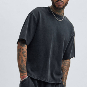 T-shirt unisexe en coton pur, couleur unie, délavé à l'acide, surdimensionné, logo personnalisé, lavé, pour homme - Product Image 1