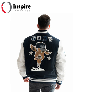 Chaqueta Bomber Varsity Azul Personalizada Unisex, Estilo Formal para Hombre con Parches Bordados, Logos, Mangas de Cuero, 100% Lana, Impermeable - Product Image 2