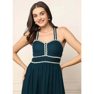 DEEBACO Women's Solid Teal Rayon Tiered <b>Dress</b> Sweet Heart Neck Sleeveless Fit and Flare Maxi Length Party Casual Western Wear - Product Image 2