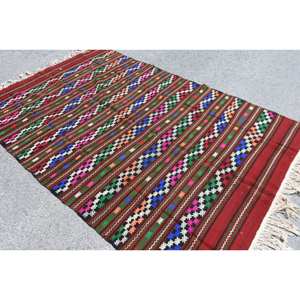 Tapis Kilim turc traditionnel 5.6 X 8.8ft rouge vert Patchwork laine tapis pour salon Latex Rectangle couloir rayé 10mm - Product Image 4