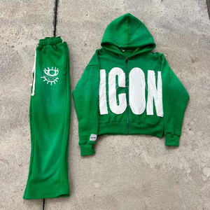 Ensemble de survêtement d'hiver délavé à l'acide en polyester et coton pour homme avec broderie, sweats à capuche évasés et fermeture éclair - Product Image 3