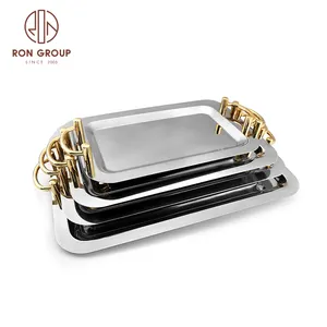 Wholesale Wedding Banquet Restaurant Buffet Kitchenware Dishware Rectangle Mirror Stainless Steel Serving Tray with Gold Handles