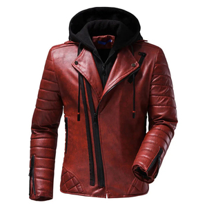 <b>Men's</b> <b>Red</b> PU <b>Leather</b> Hooded Moto <b>Jacket</b> With Zipper Closure And Quilted Design For Autumn Wear - Product Image 1