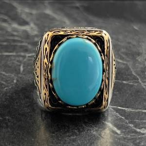 Anillo de Oro Amarillo de 14K para Hombre con Turquesa Azul Ovalada, Anillo Hecho a Mano con Piedra Azul Brillante, Plata de Ley 925, Diseño Antiguo - Product Image 2