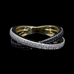 Bague croisée en or jaune 14K audacieuse avec diamants naturels noirs et blancs à double pavé Design contemporain - Product Image 1