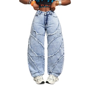 Jeans, pantalones anchos de mujer con flecos y patchwork, pantalones sueltos de cintura alta con lavado efecto nieve y caída al suelo - Product Image 5