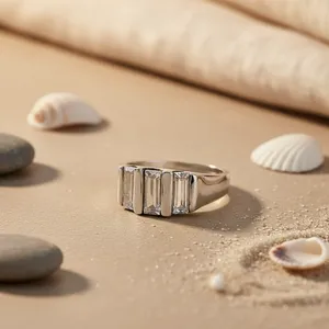 Romantic Three Stone <b>Baguette</b> Cut Zircon 18K Gold Plated 925 Silver Heart Shape Channel Setting Trendy Minimalist Geometric Ring - Product Image 3