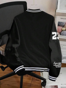 Chaqueta universitaria negra de béisbol para hombre, Parche de número, manga, diseño bordado, ropa de calle, mezcla de lana, ropa de abrigo de invierno - Product Image 2