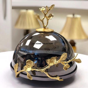 Golden Leafy Designer Aluminum Metal <b>Cake</b> <b>Stand</b> With <b>Glass</b> for Home Hotel and Restaurant Usage At Low Price - Product Image 1
