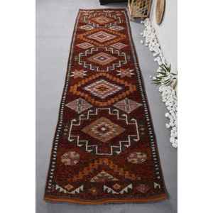 Tapis Vintage en Laine Kilim Turc Marron Orange Patchwork Design 2.8x10ft pour Entrée Couloir Abstrait Rectangle Jute Tapis Latex - Product Image 1