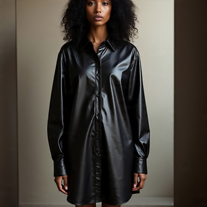 Letterman Vintage Faux <b>Leather</b> Casual <b>Shirts</b> for Women Oversize Loose Fit Button Fashion Motor Bike Outerwear Winter Style Front - Product Image 4