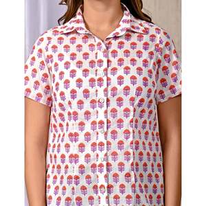 Camisa Blanca de Algodón Estampada de Manga Media para Mujer, Estilo Floral Retro, Popelina Satinada, Larga, Talla XL, para Fiestas de Otoño - Product Image 2