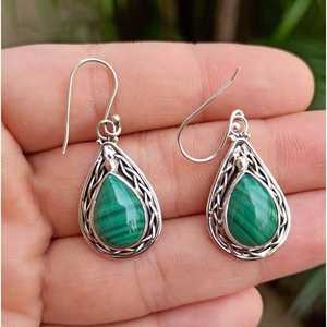 Handmade 925 Sterling <b>Silver</b> Malachite Pearshape Drop <b>Earrings</b> for Women <b>Dangle</b> Style - Product Image 3